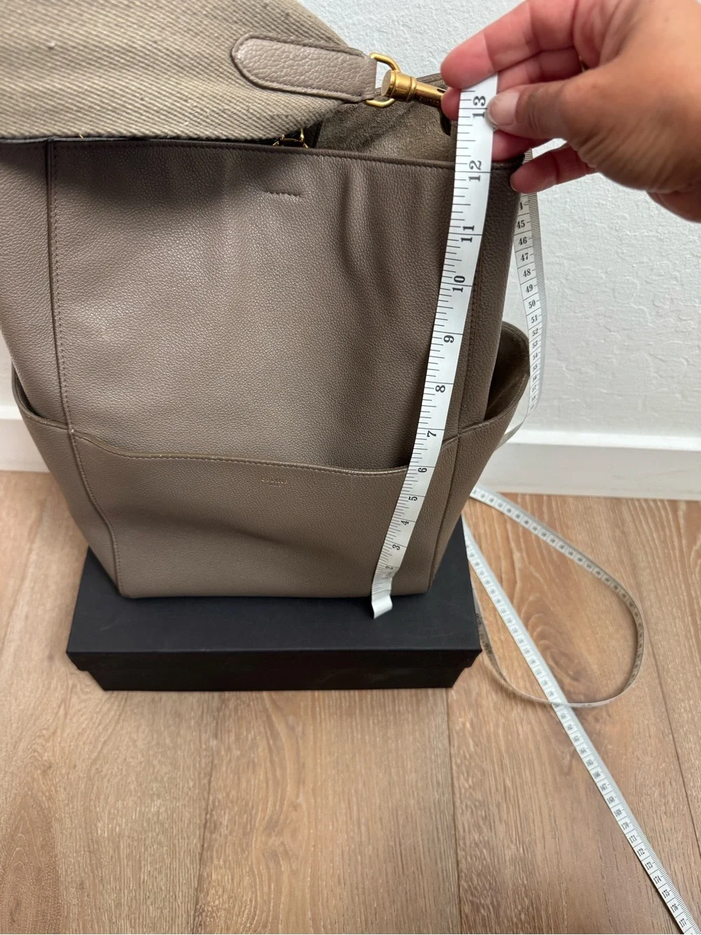 Authentic Celine Medium Sangle Bucket Bag in Grained Calfskin (Taupe)